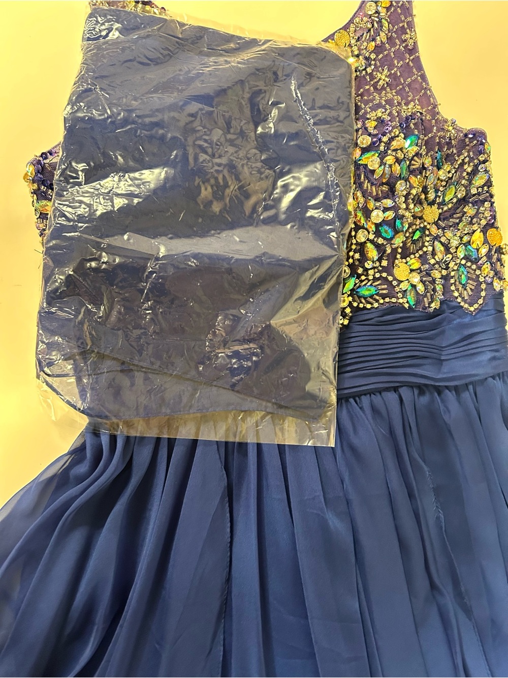 Lets Fashion Blue Beaded Formal Dress Embellished Bodice Chiffon Prom Gown M - Picture 12 of 12